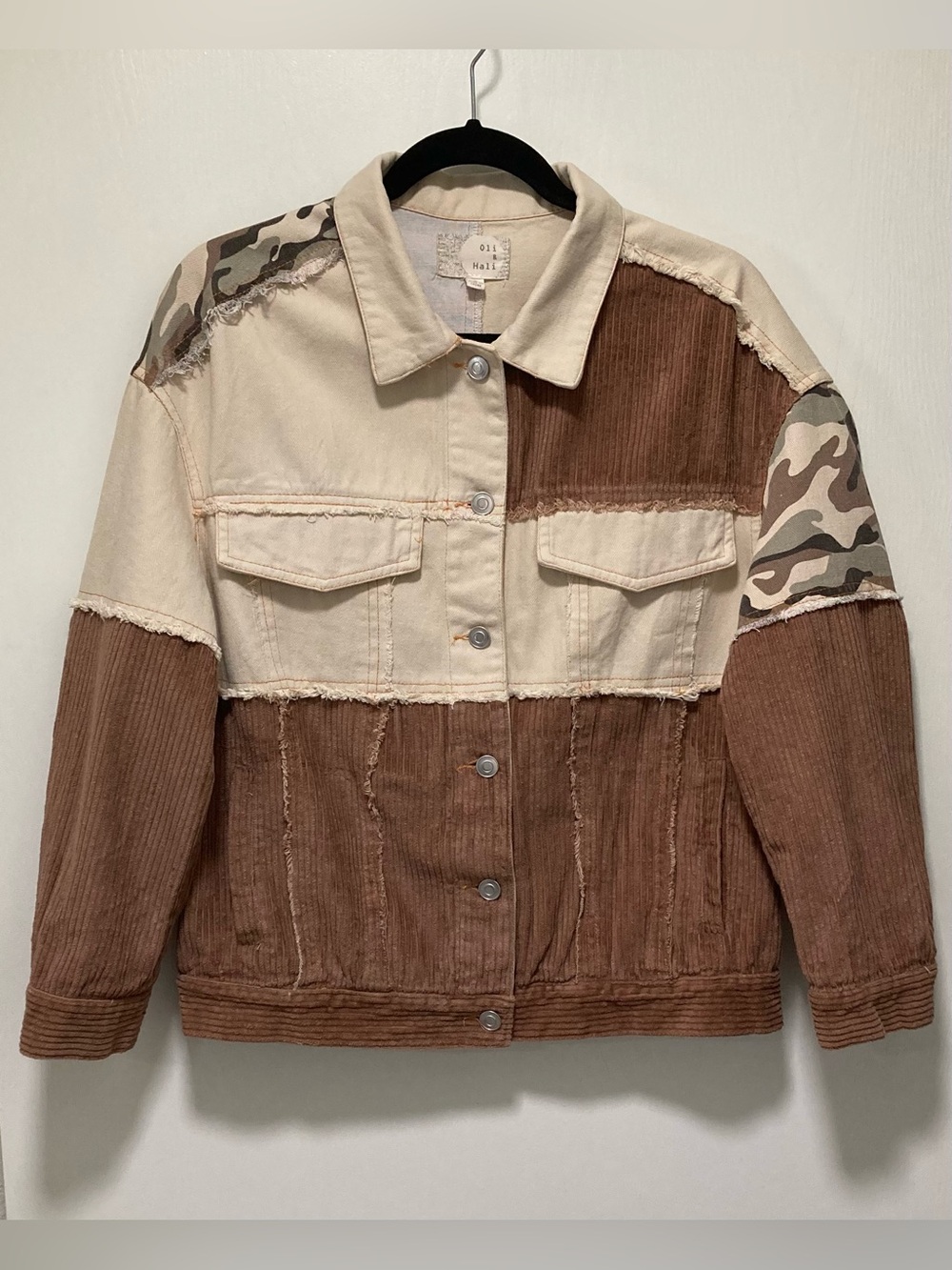 Oli & Hali Two-Tone Corduroy/Camo Patchwork Jacket - Beige & Brown